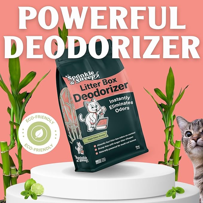 Sprinkle & Sweep Litter Box Deodorizer - Cat Litter Deodorizer Non Toxic and Safe for Kittens - Instantly Eliminates Foul Smells and Urine Odors (Bag, Sifter & Spray)