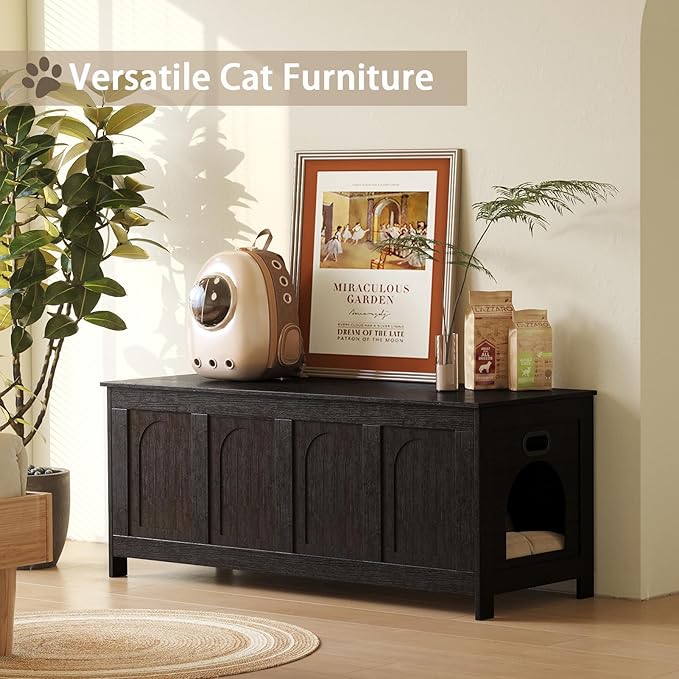 DINZI LVJ Cat Litter Box Enclosure, Flip Top Litter Box Furniture, Hidden Cat Washroom, 2-Entrances Wooden Pet House, 47.2" L x 18.7" W x 19.7" H, End Side Table, TV Stand, Easy to Assemble, Espresso