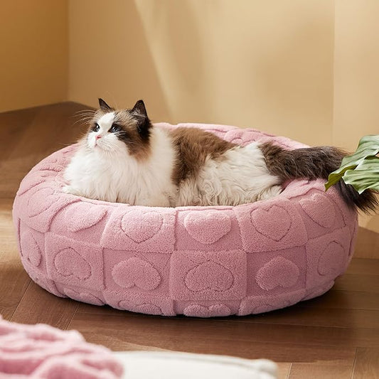 Bedsure Cat Beds for Indoor Cats - Donut Dog Beds for Small Dogs Puppy Kitten with Anti Slip Bottom, Round Sherpa Pet Beds with Washable Removable Cover, Pink, 20x20x6 inches
