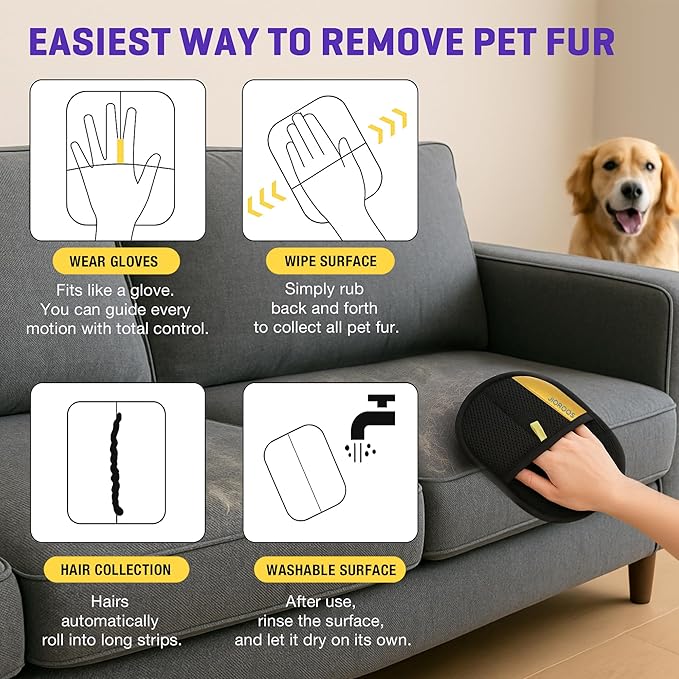 Pet Hair Remover Gloves for Cats & Dogs, Electrostatic Pet Hair Removal Gloves Brush for Pets Hair, Upgraded Animal Fur Removal Tool, Reusable Cats & Dogs Grooming Gloves for Hair Removal (2)