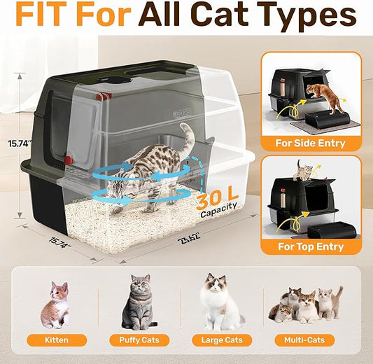XL Stainless Steel Cat Litter Box with Enclosure and Pooper Scooper - Durable Black Metal Litter Box for Big Cats, High Sides for Anti-Leakage, Never Absorbs Odors, Non-Sticky - (60x40cm) (Black)