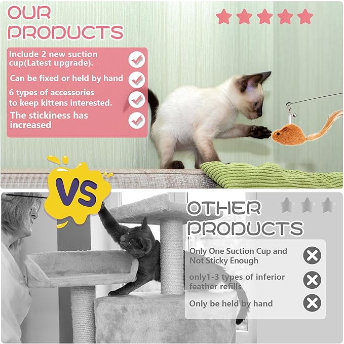 Interactive Bird Simulation Cat Toy Set,Cat Wand Toys,Wand Self-Holding Suction Cups Base,Include Detachable 6 Pcs Replacements Feathers Toys