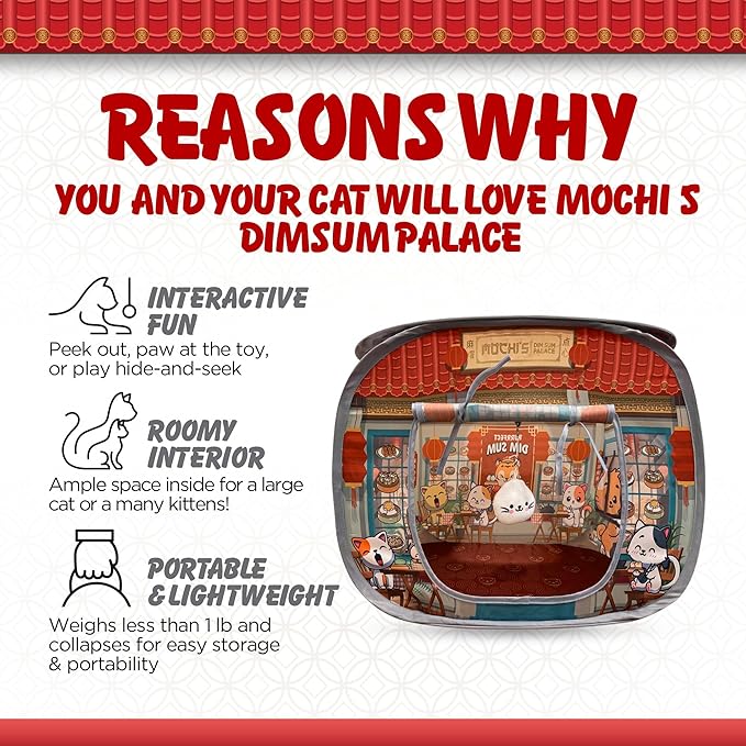 Capnip Cat House & Tent for Indoor Cats – Pop-Up Cat Tent House with Catnip Toy, Restaurant Theme for Cats & Kittens, Mochi’s Dim Sum Palace