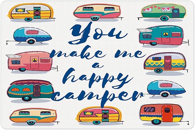 Lunarable Camper Pet Mat for Food and Water, You Make Me Happy Motivational Words Caravans Retro Style Travel Graphic Print, Non-Slip Rubber Mat for Dogs and Cats, 18" X 12", Indigo Yellow
