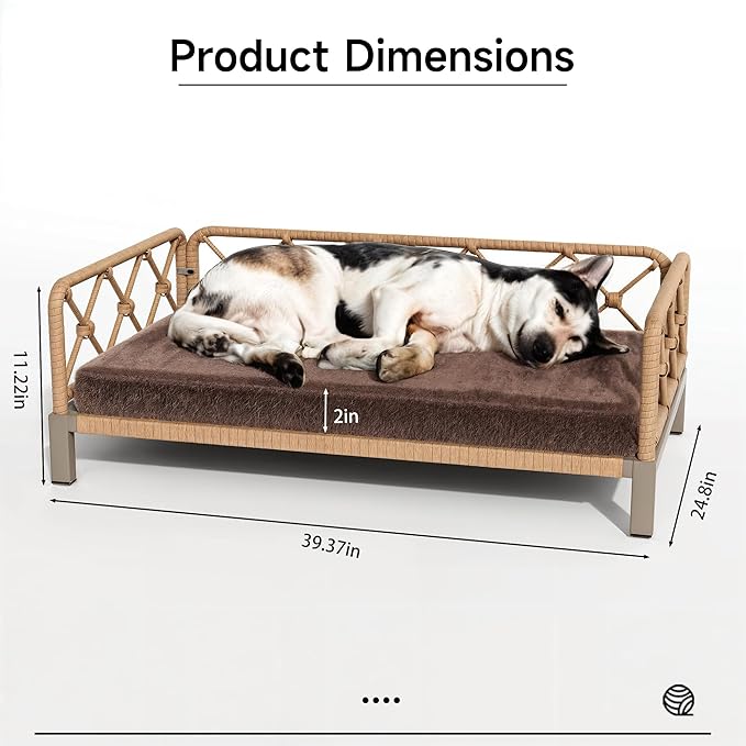 Dog Bed with Cushion, Cooling Elevated Raised Beds with Rattan Breathable Mesh and Universal Mat, Indoor & Outdoor Pet Cots for Large Dog, Brown