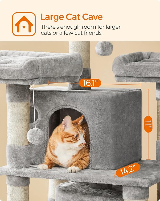 Feandrea 67 Inches Multi-Level Cat Tree for Large Cats, with Cozy Perches, Stable, Light Gray UPCT18W