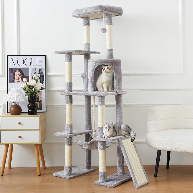 Large Cat Tree,65-inch Tall Multi-Level Cat Tower with Sisal-Covered Scratching Posts, Condo, Hammock, Dangling Ball,Light Grey