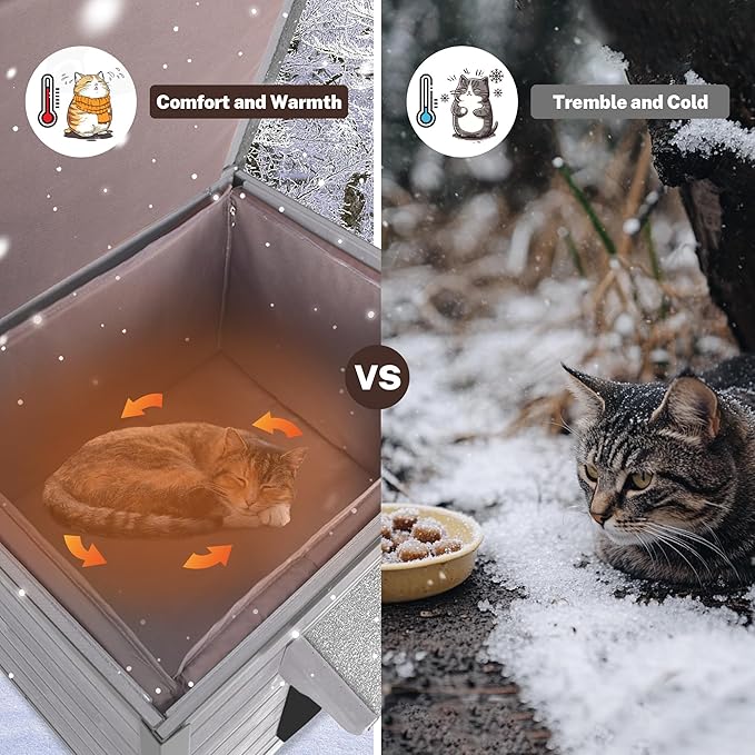 Outdoor Insulated Cat House Weatherproof for Winter, Feral Cat Shelter with Insulated Liner, All Round Metal Frame Wooden Condos, Indoor and Outdoor Use for Cat, Rabbit and Small Animal
