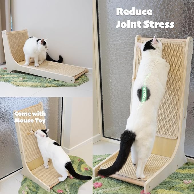 PETKARAY Sisal Cat Scratcher, Upright Cat Scratch Pad Wall Mounted, Vertical Scratching Post Alternative, L Shape Scratching Board 105°