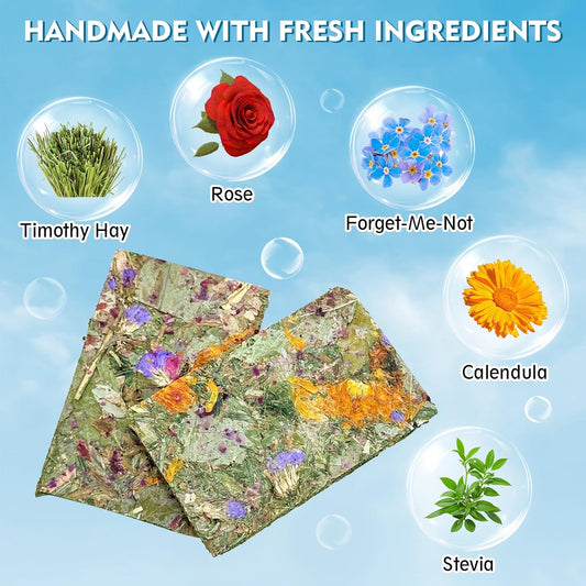 Fhiny 12 PCS Rabbit Timothy Hay Chips Toys, Natural Bunny Molar Treats with Herbal Flowers Rabbit Chew Toys for Teeth Small Animal Snacks for Rats Chinchillas Guinea Pigs Hamsters