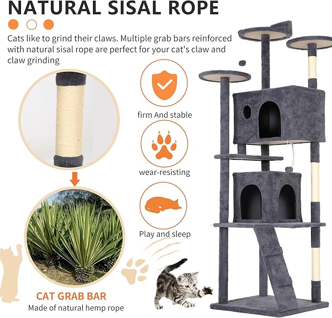 BestPet 81in Cat Tree Tower for Indoor Cats,Multi-Level Cat Furniture Activity Center with Cat Scratching Posts Stand House Cat Condo with Funny Toys for Kittens Pet Play House,Dark Gray