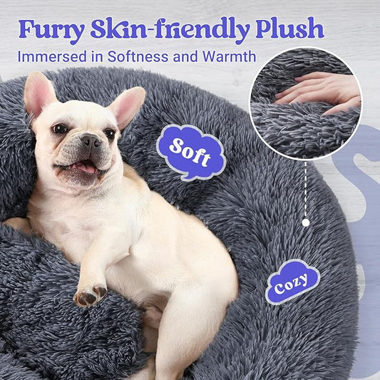rabbitgoo Calming Dog Bed for Small Medium, 27 inches Pet Bed Machine Washable, Non-Slip Round Fluffy Plush Faux Fur, Soft Donut Cuddler Cushion for Small Dogs, Dark Grey