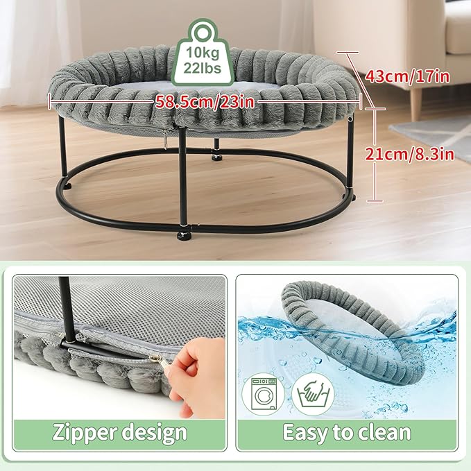 Sunhoo Elevated Cat Bed for Indoor Cats Raised Kitten Hammock Large High Puppy Cot Off Floor Self-Supporting Small Pet Chair with Metal Frame Washable Cushion Easy Assembly 23 * 17 * 8.3 in (Grey)