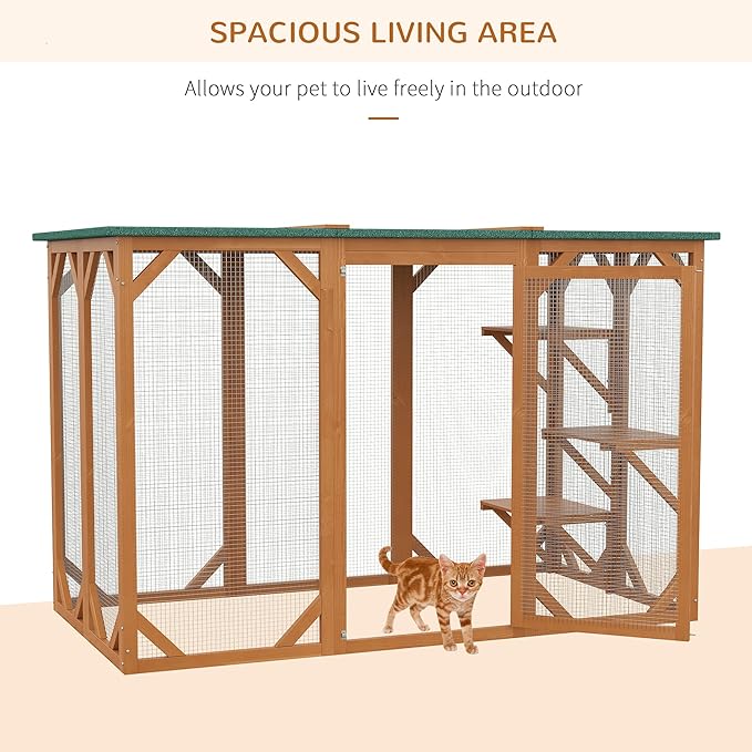 PawHut Outdoor Cat House, Catio Wooden Feral Cat Shelter, Cat Cage with Platforms, Large Enter Door, Weather Protection Asphalt Roof, 71" L, Orange