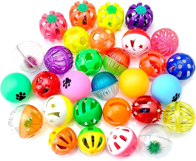 CHIWAVA 48 Pack Plastic Noisy Cat Toy Balls with Bell Kitten Chases Toy 8 Type Assorted Color Size