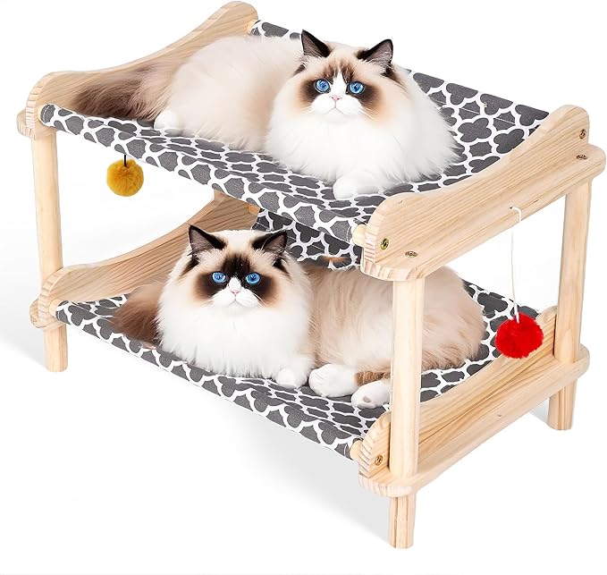 2-Layer Cat Hammock Bed, 24"x15.7"x16.3" Elevated Cat Bed with Pine Wood Frame, Breathable Washable Covers, Wooden Pet Furniture for Indoor Cats and Small Animals (Grey-2)