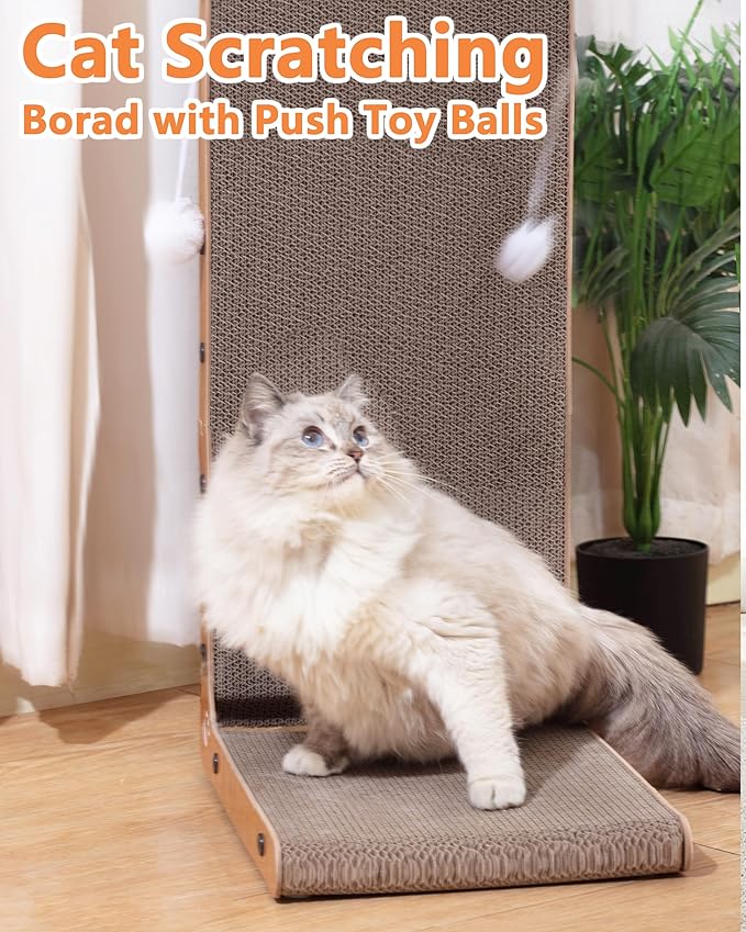 Megidok Cat Scratcher, 26.7" L Shape Cat Scratch,Vertical Cat Scratching Board,Cat Scratch Pad Wall-Mounted,Cats Scratching Cardboard with Ball Toy