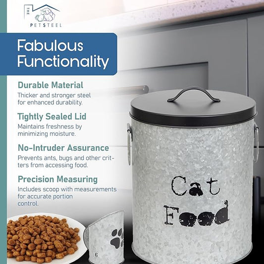 Medium 30lb Cat & Small 20lb Dog Pet Food Storage Canister with Scoop – Durable & Airtight for Freshnesss, Minimalist Design & Recyclable, Medium Metal Container(Combo - Small Dog Bin & Med Cat Bin)