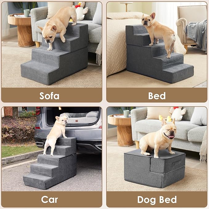 EHEYCIGA Dog Stairs for Small Dogs 13.5" H, 3-Step Dog Steps for Couch Sofa and Chair, Pet Steps for Medium Cats, Non-Slip Balanced Pet Ramp Indoor, Grey