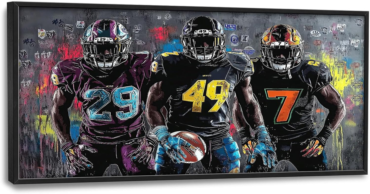 Large Rugby Player Wall Art for Living Room, Framed Oversized Graffiti Sport Wall Decor Cool Canvas Painting Pictures for Men Modern Artwork for Living Room Bathroom Bedroom Office Dining Room 60"x30"