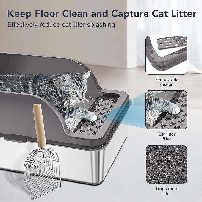 UPSKY Stainless Steel Cat Litter Box with Lid, XL Large Metal Litter Box for Large Breeds, Enclosed Kitty Litter Pan with High Sides, Leak-Proof & Non-Stick, Easy to Clean, Scoop and Mat Included