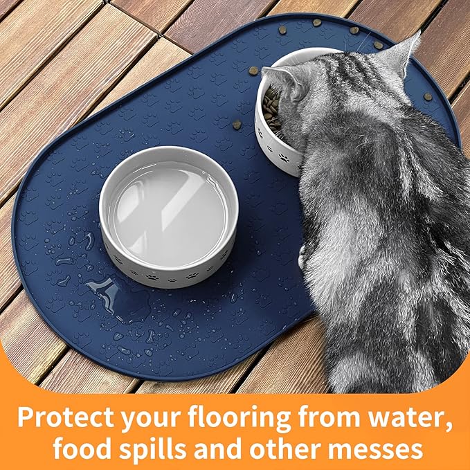 KPWACD Pet Placemat for Dog and Cat, Anti-Slip Waterproof Dogs Feeding Bowl Mat Prevent Food and Water Overflow, Silicone Puppy Dish Mats Suitable for Small Medium Big Pets, Navy, 24" * 16"