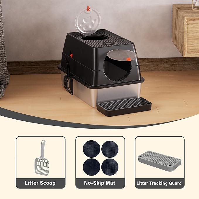 ITYLIFE CITYLIFE Stainless Steel Litter Box with Lid XL Large Enclosed Metal Box Anti-Leakagecat Litter Container Stainless Steel Includes Scoop, Odor Control Easy Cleaning, Dark Grey