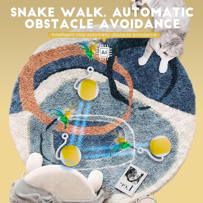 Interactive Cat Toys Ball - Electric Automatic Toys for Indoor Cats, LED Lights and Toys Feather Tail with Sound Activated and Touch, USB Rechargeable, 2peeds Mode for Bored Kittens/Adult Cats