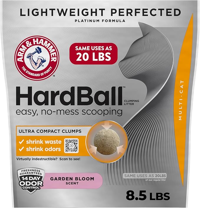 ARM & HAMMER Hardball Lightweight Platinum Multi-Cat Clumping Cat Litter Odor Control, Easy No-Mess Scooping, Garden Bloom Scent, 8.5 Lbs.