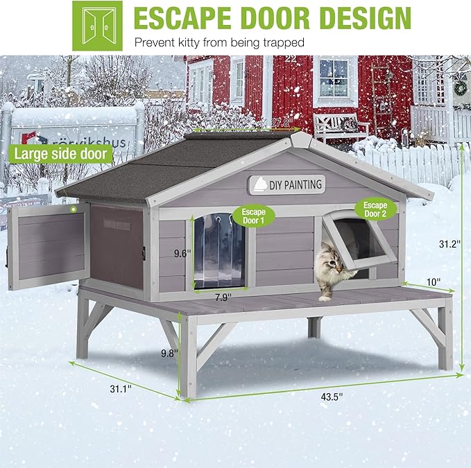 GUTINNEEN Insulated Outdoor Cat House Outside Feral Cat Shelter Weatherproof with Insulated Liner, Large Porch, Escape Door and Name Plate 43.5" L