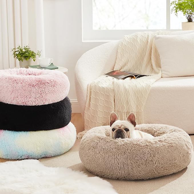 Love's Cabin Calming Dog & Cat Bed, Anti-Anxiety Donut Round for Indoor Cats, Small Medium Dogs, Fluffy Warming Pet Bed, Beige Taupe 20"/24"