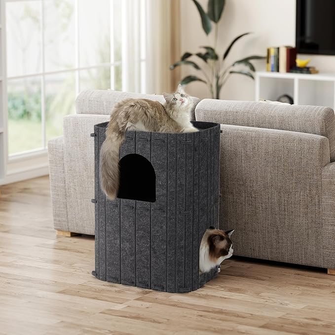 FUKUMARU Cat House for Indoor Cats, 2-Storey Large Cat Bed Cave, Cozy Felt Covered Cats Tunnel Condo Hideaway for Multicats, 17.72x14.37x23.62 inches, Dark Grey