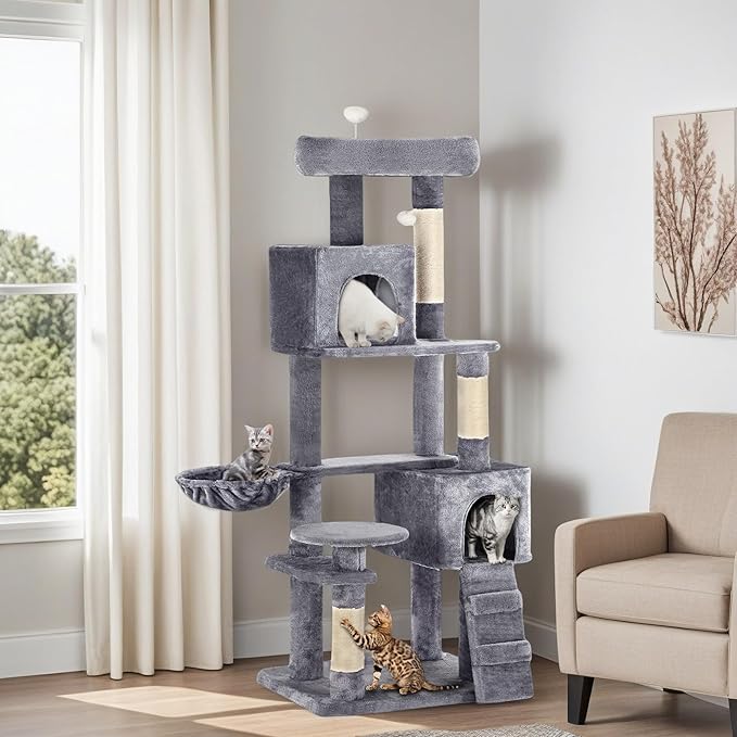 YITAHOME 70.8-Inch Tall Cat Tree Indoor: Multi-Level Kitten Tower with Kitty Condos, Top Perches, Scratching Posts & Cozy Basket Pet Play House Light Gray