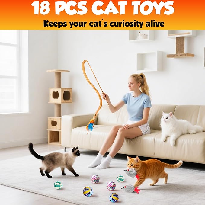 Cat Toys Set for Indoor Cats – 18PCS Cat Toys with Teaser Wand, Mouse, Ball, Spring Toys for Kittens, Interactive Cat Teaser Toys for Bored Cats Exercise and Play