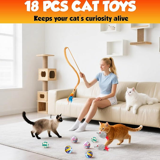 Cat Toys Set for Indoor Cats – 18PCS Cat Toys with Teaser Wand, Mouse, Ball, Spring Toys for Kittens, Interactive Cat Teaser Toys for Bored Cats Exercise and Play