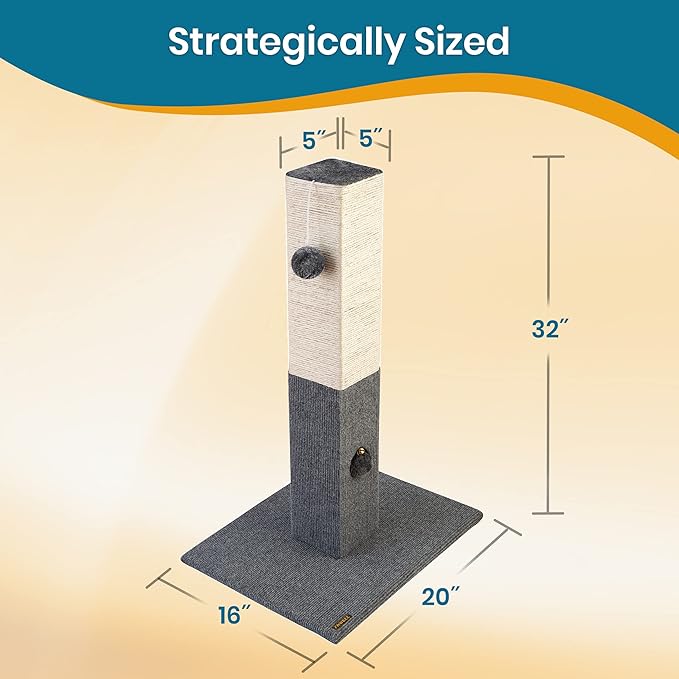 PAWBEE Cat Scratching Post - Tall 32” Sisal Rope Cat Scratch Post + Jingle Bell & Softball - Playful, Quality, & Sturdy - Scratcher Pole Tower - Scratching Posts for Indoor Cats Adults Large Cats