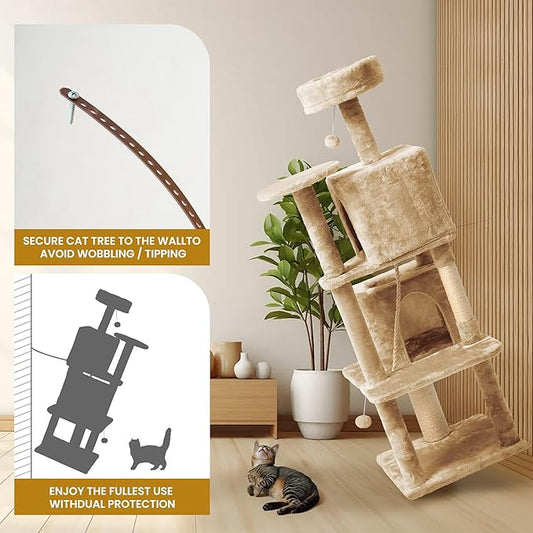 59in Large Cat Tree Tower for Indoor Cats with Soft Plush Hang Ball, Two Condos, Sisal Scratch Posts & Rope Play for Kittens/Adult Cats, New Beige