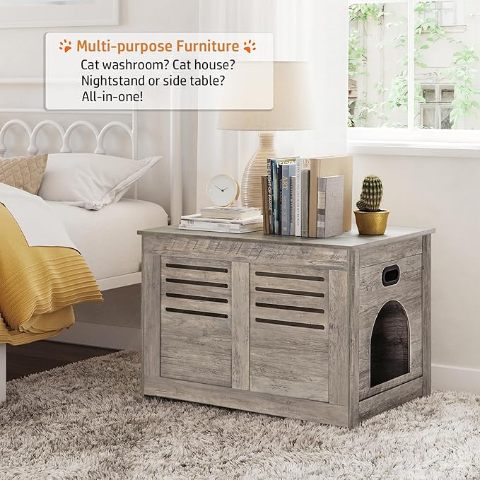 DINZI LVJ Litter Box Enclosure, Flip Top Litter Box Furniture, Hidden Cat Washroom, Wooden Cat House, End Table, 31.5" L x 19.7" W x 19.7" H, Good Ventilation, Easy to Assemble, Greige