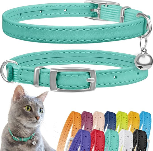 CollarDirect Leather Cat Collar, Cat Safety Collar with Elastic Strap, Kitten Collar for Cat with Bell Black Blue Red Orange Lime Green (Neck Fit 6"-7", Mint Green)