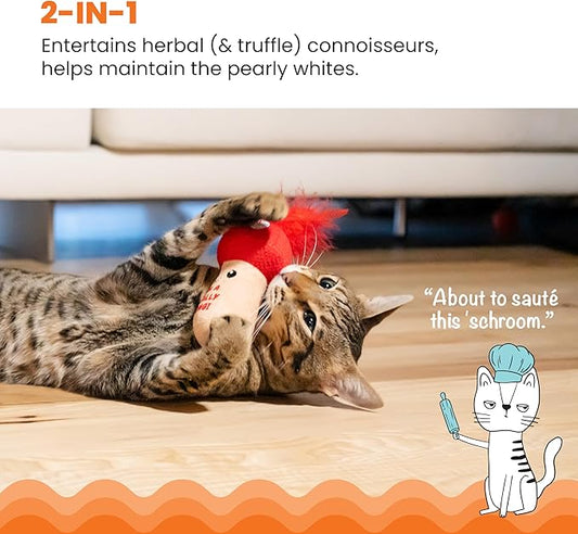 Catstages A Really Fungi Cat Kicker Toy with Catnip and Dental Mesh, Mushroom Shape, Plush and Feather Cat Toy for Kicking, Tossing, and Teeth Cleaning, Red