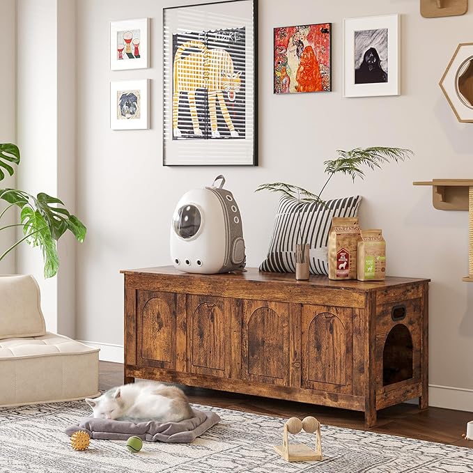 DINZI LVJ Cat Litter Box Enclosure, Flip Top Litter Box Furniture, Hidden Cat Washroom, 2-Entrances Wooden Pet House, 47.2"L x 18.7"W x 19.7"H, End Side Table, TV Stand, Easy Assembly, Rustic Brown