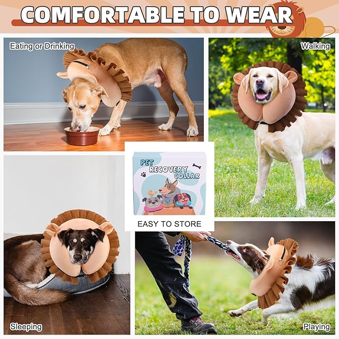 KOOLTAIL Inflatable Dog Cone Collar, Soft Dog Cone Alternative for Large Medium Small Dogs After Surgery, Adjustable Donut Neck Cone for Dogs Cats, Recovery E Collar with Enhanced Anti-Licking,Lion XL