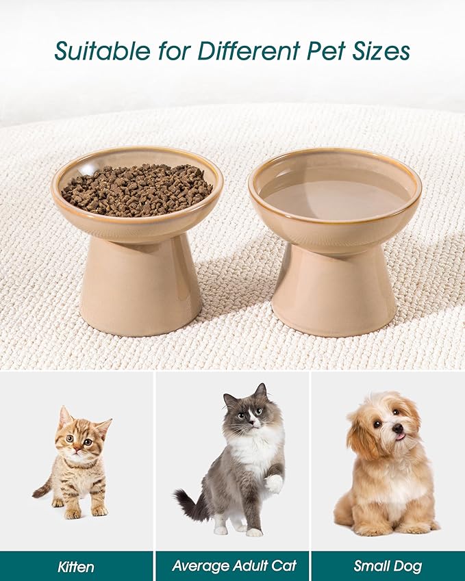 vancasso Ceramic Elevated Cat Bowls 2-Pack - 6.2" Extra Wide Raised Cat Food & Water Dishes, 5.1" Optimal Height Anti-Whisker Fatigue Shallow Bowls for Cats/Kittens/Dogs, Lead & Cadmium Free (Brown)
