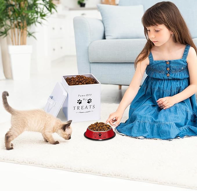 Meraki Home Farmhouse Cat Food and Treats Containers + Feed Scoop + Pet Food Bowl - Tight Lids - Large Metal Storage Bin - Great Gift for Cute Pets (Glossy White)