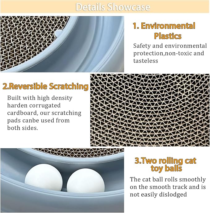 Interactive Cat Ball Track Toy for Indoor Cats, Cat Scratching Board & Exercise Set for Bored Indoor Adult and Kitten Mental & Physical Stimulation, with Spare Ball to Prevent Loss (Grey)