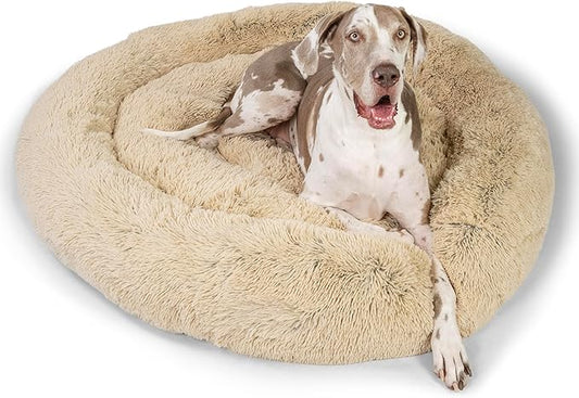 Best Friends by Sheri Original Calming Donut Dog and Cat Bed, Shag Faux Fur,Taupe, XXL (54in x 54in) - Anxiety Relief for Pets Up to 210 lbs