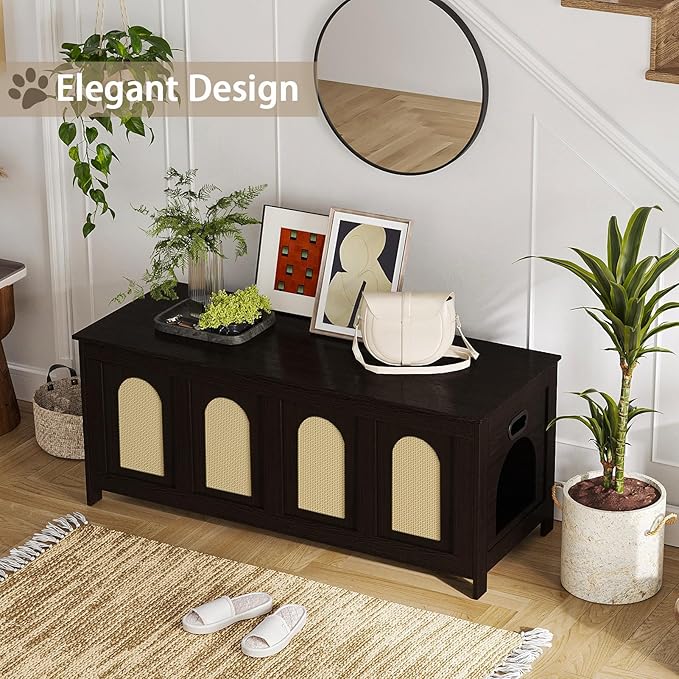 DINZI LVJ Cat Litter Box Enclosure, Flip Top Litter Box Furniture, Rattan-Like Hidden Cat Washroom, Wooden Pet House, End Side Table, 47.2"L x 18.7"W x 19.7"H, Easy to Assemble, Espresso with Rattan