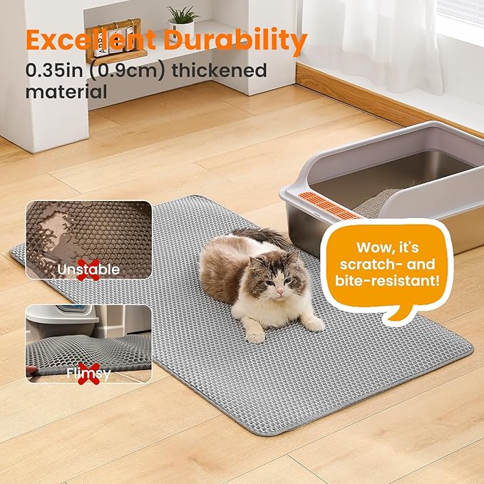 Jumbo Cat Litter Mat, 46x26 Inches Double Layer Honeycomb Litter Trapping Mat, Non Slip Waterproof Urine Proof Extra Large Cat Litter Box Mat, Kitten Supplies and Essentials, XXL, Gray