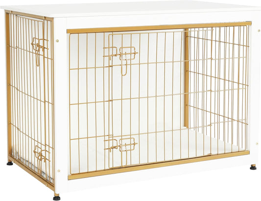 DWANTON Dog Crate Furniture with Cushion, Wooden Kennel Table with Double Doors, Indoor Dog House, Large Size, 38.5" L, White
