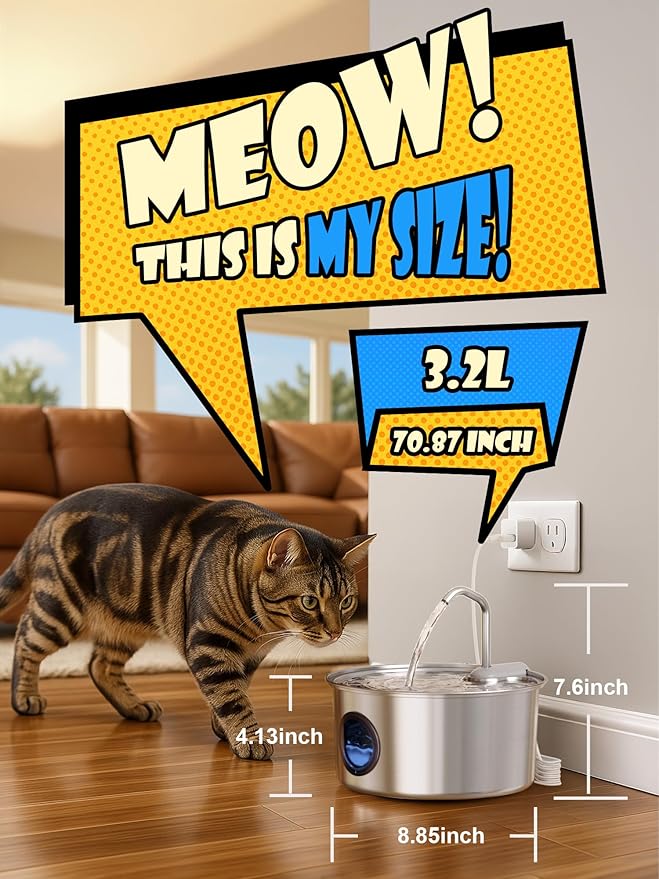 Cat Water Fountain Stainless Steel - 108oz/3.2L Automatic Cat Water Fountain for Drinking with 10PCS Filters, Metal Pet Water Fountain Water Dispenser for Cats, Dogs, Multiple Pets